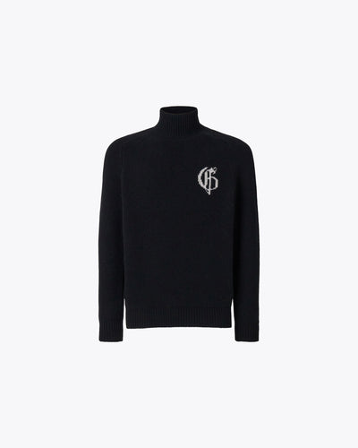Black knitted turtleneck sweater with logo