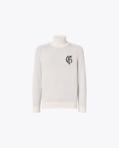 White knitted turtleneck sweater with logo