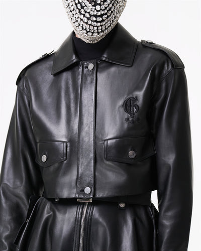 Black lamb leather jacket with shirt collar